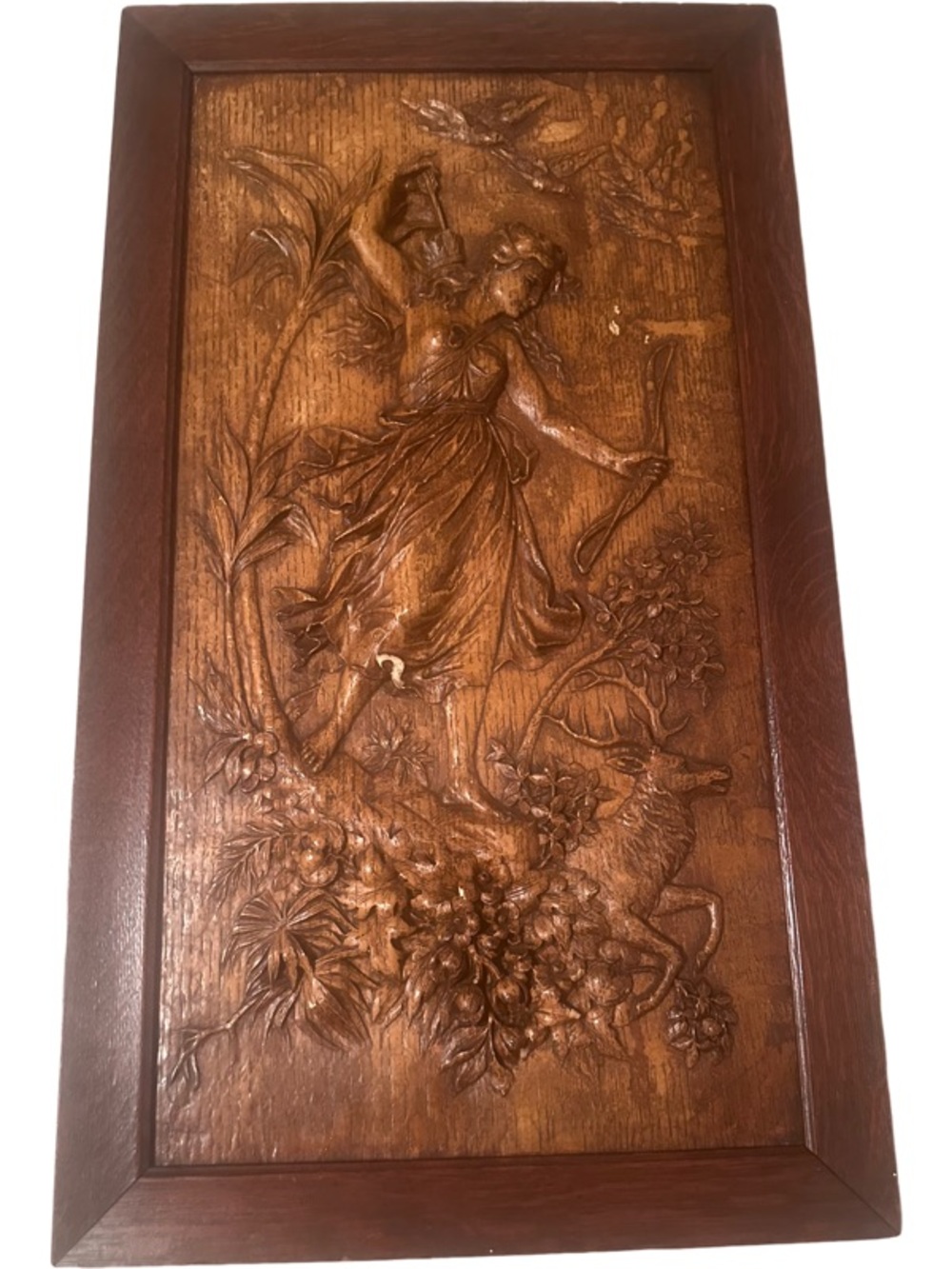 Vintage Antique 1800's Wood Hand Carved Artemis Huntress Wall Plaque Hanging